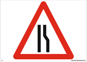 Road Narrows Offside Triangular Metal Road Sign Plate - 600mm