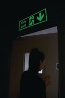 450mm x 150mm Fire Exit (Arrow Down Right) Photoluminescent Signs