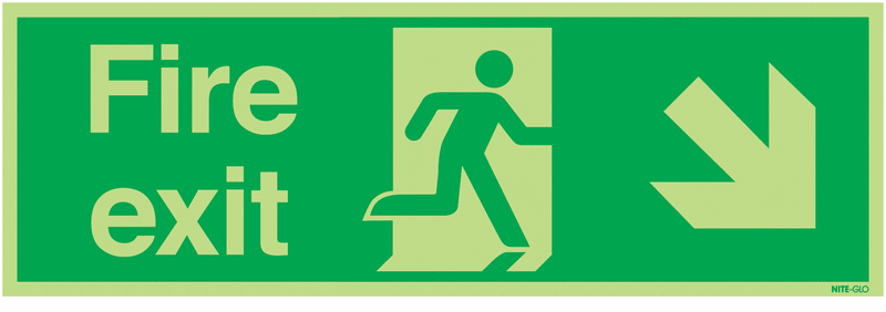 450mm x 150mm Fire Exit (Arrow Down Right) Photoluminescent Signs